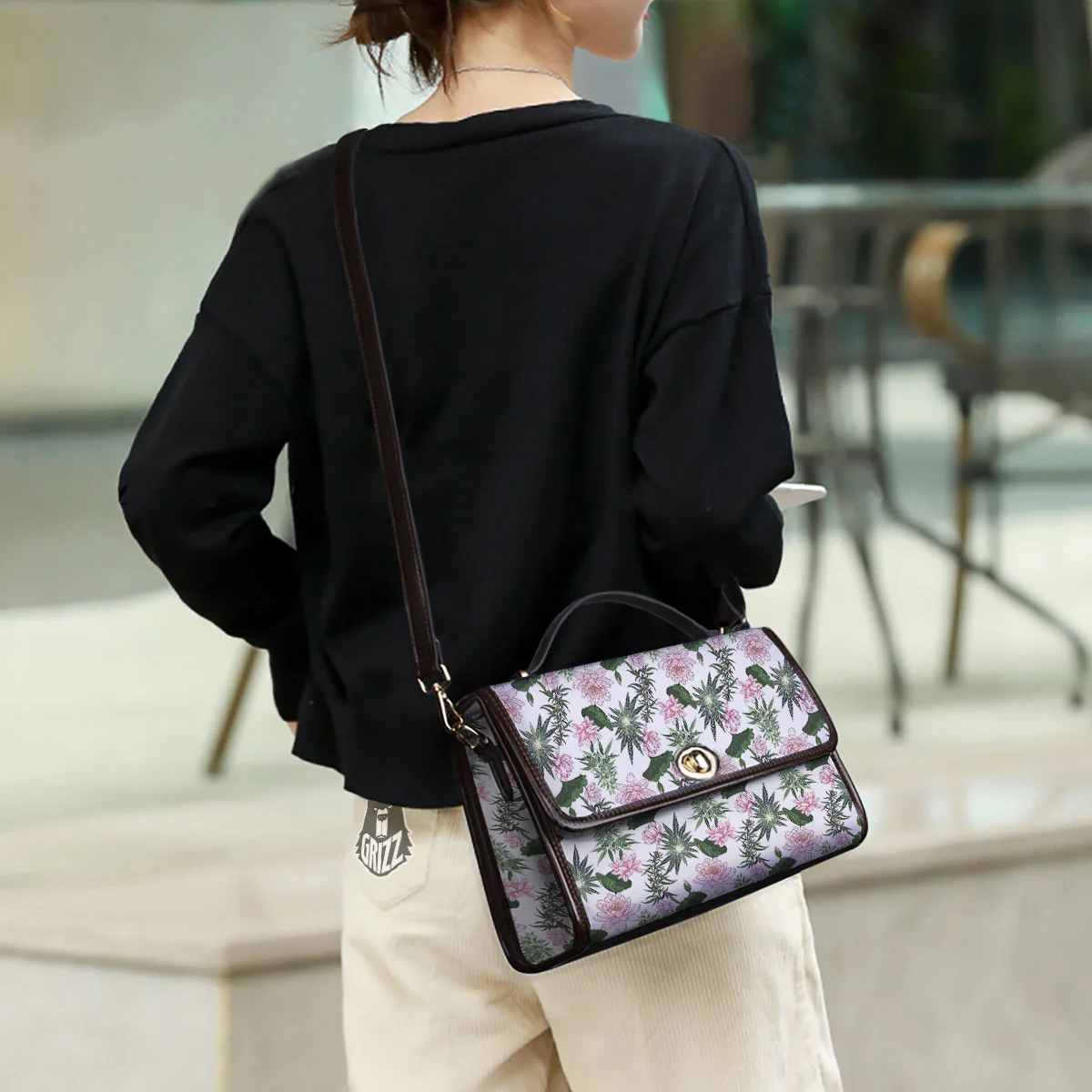 Flowers And Hemp Leaves Print Pattern Women's Satchel Bag - Image 3