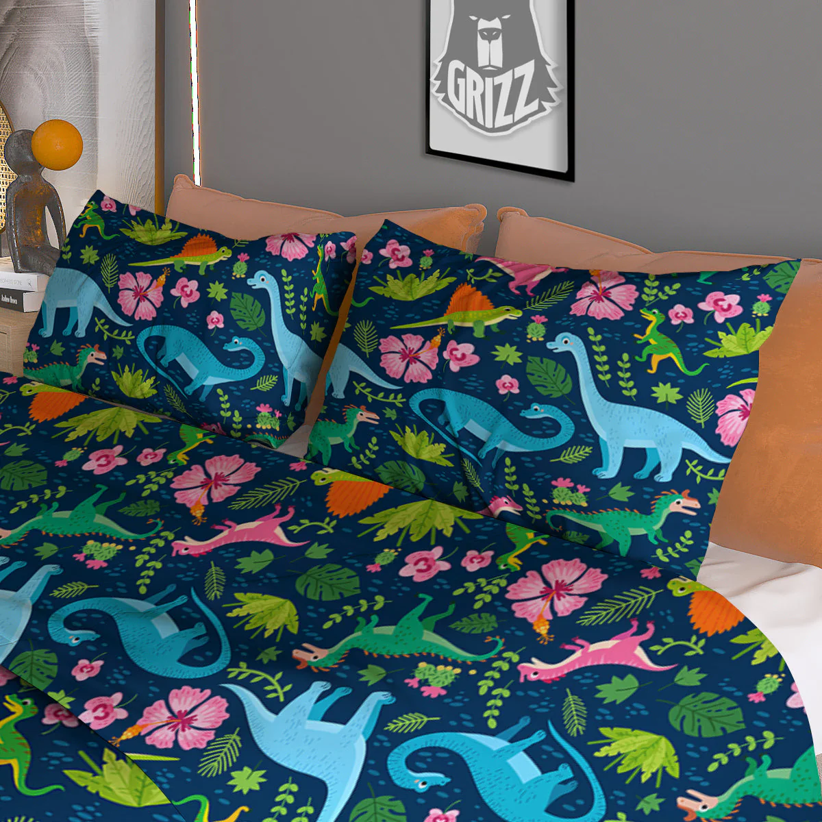 Flowers And Leaves Cute Dino Print Duvet Cover Bedding Set - Image 3