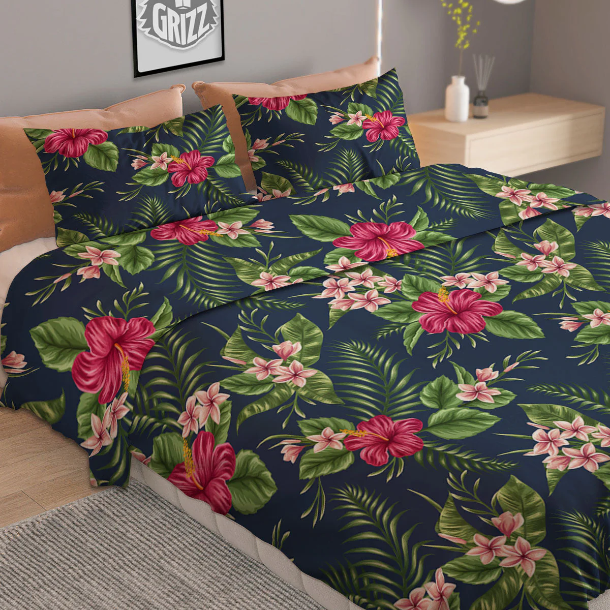 Flowers Hibiscus Plumeria Print Pattern Duvet Cover Bedding Set - Image 2