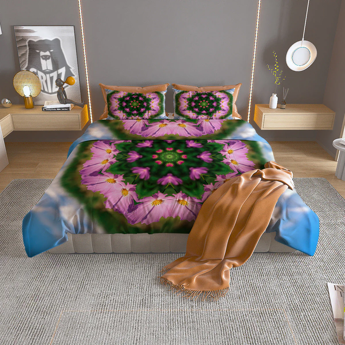 Flowers Kaleidoscope Pink And Blue Print Duvet Cover Bedding Set