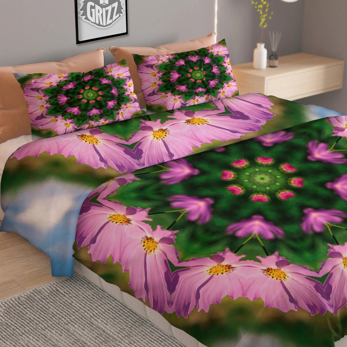 Flowers Kaleidoscope Pink And Blue Print Duvet Cover Bedding Set - Image 2
