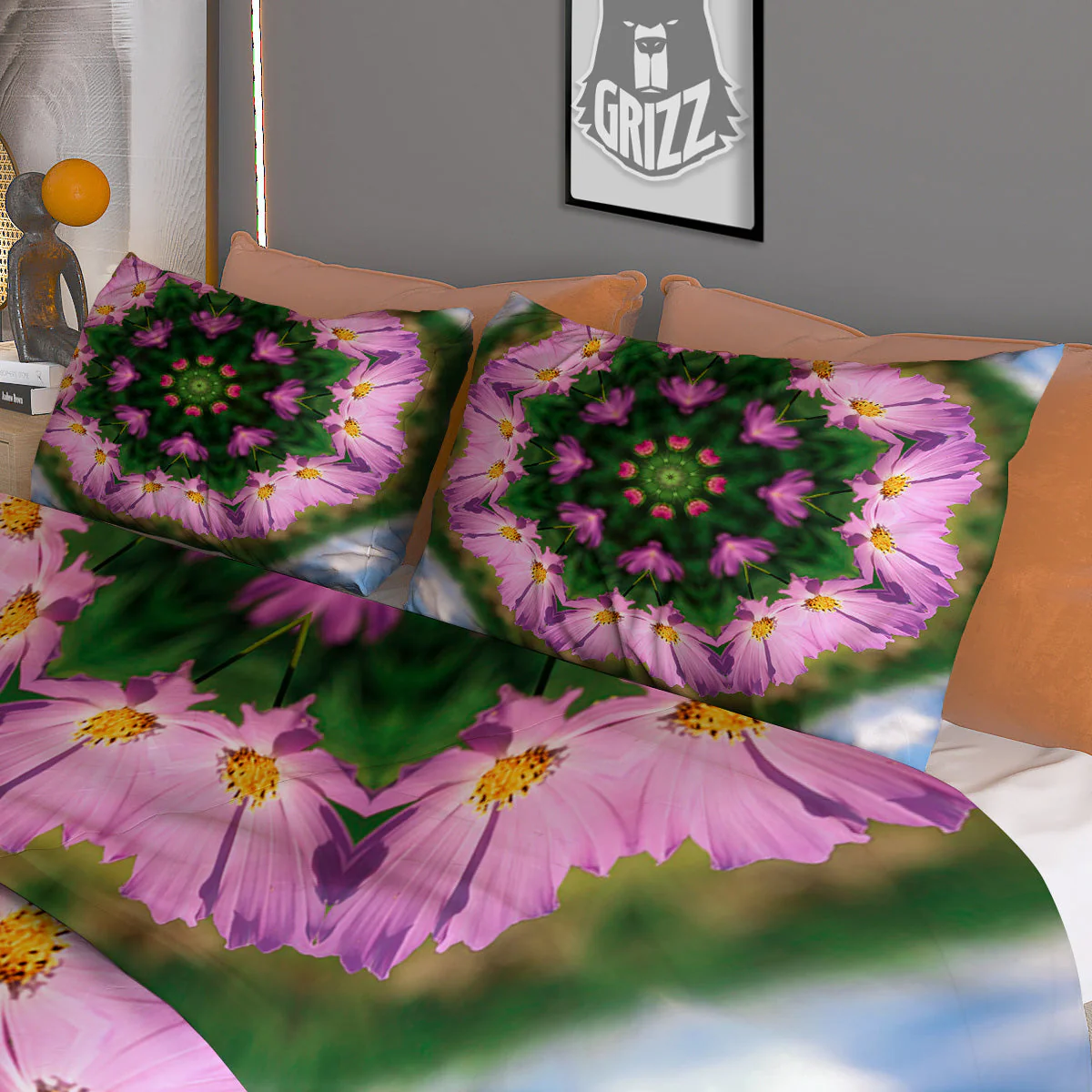 Flowers Kaleidoscope Pink And Blue Print Duvet Cover Bedding Set - Image 3