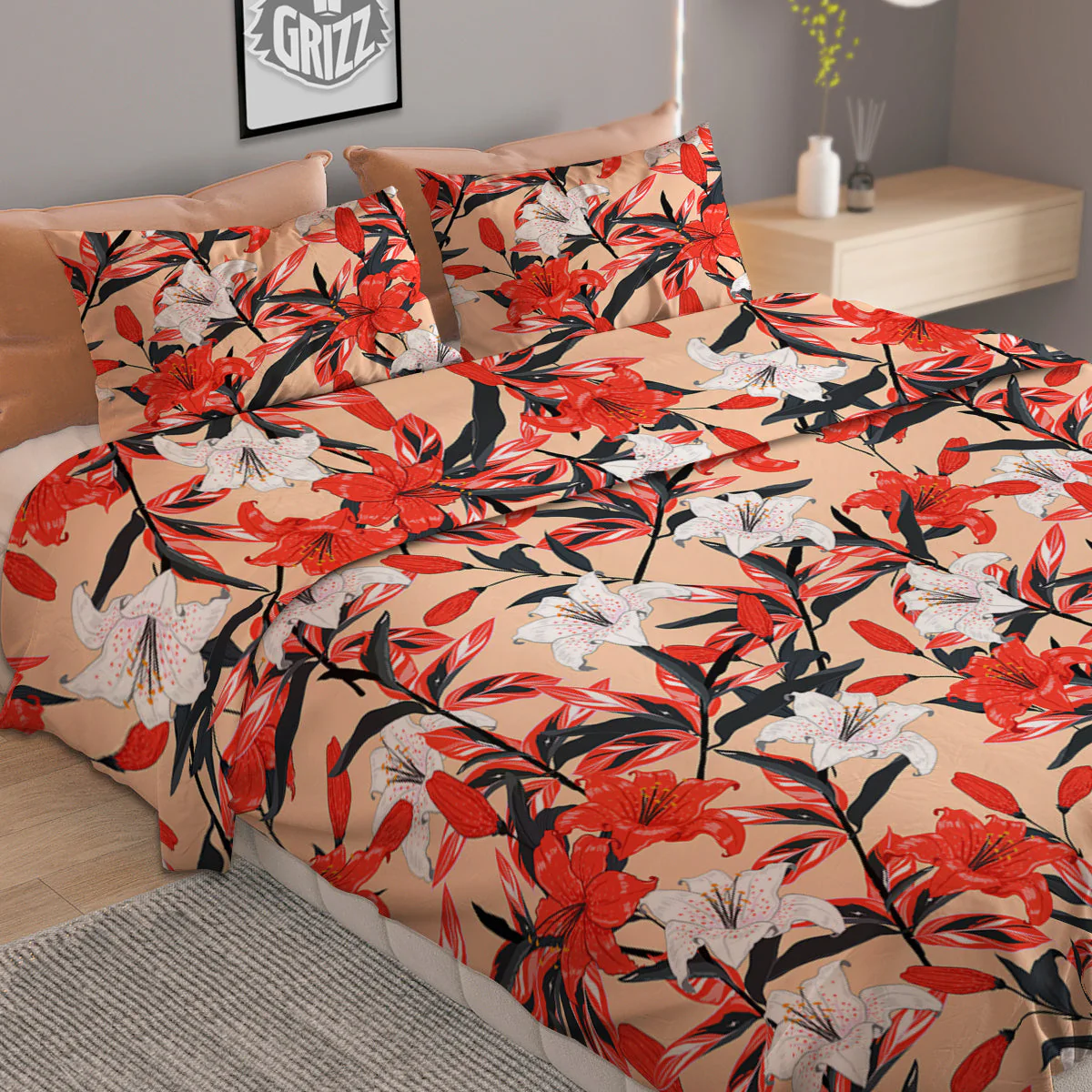 Flowers Lily Watercolor Print Pattern Duvet Cover Bedding Set - Image 2