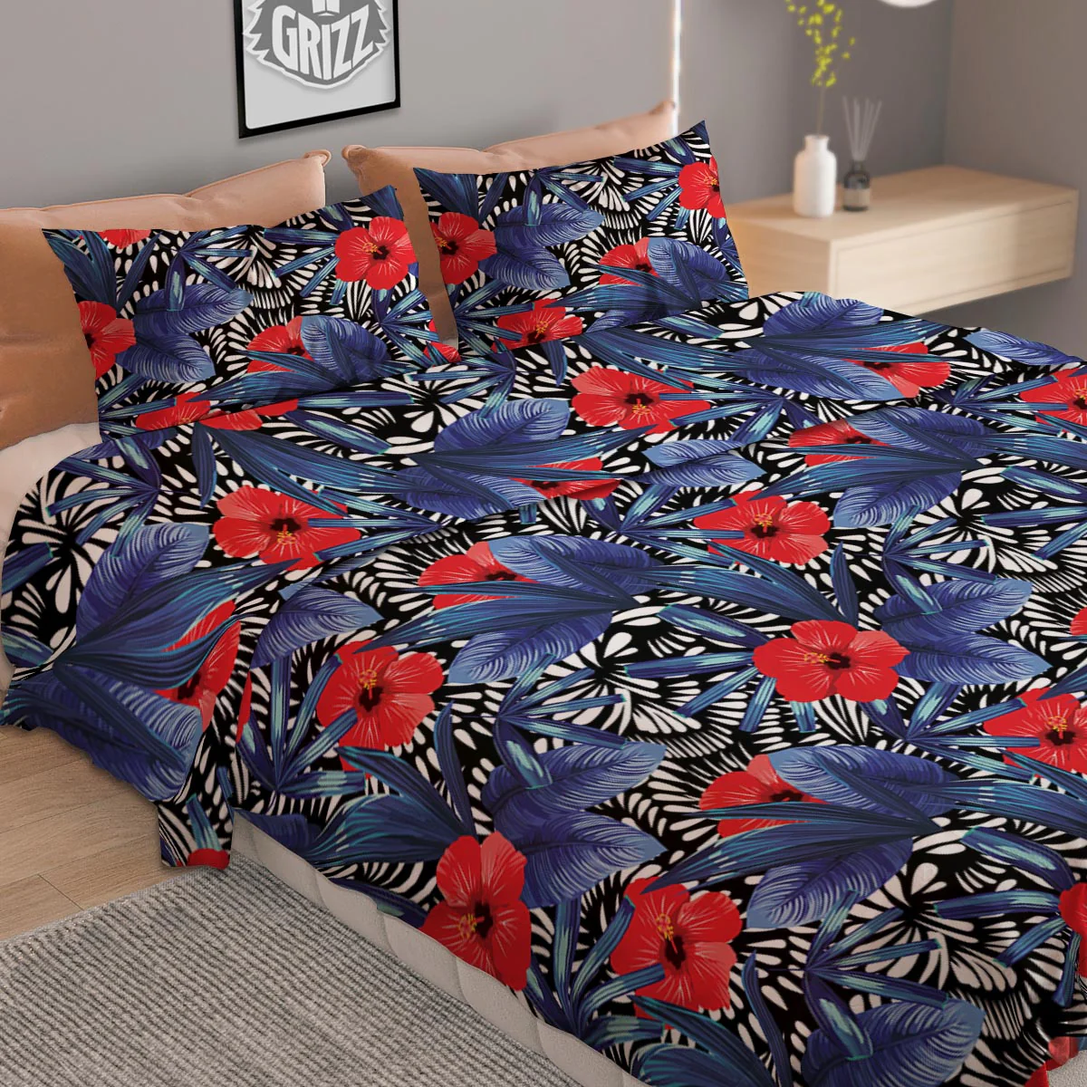 Flowers Red Hibiscus Print Pattern Duvet Cover Bedding Set - Image 2
