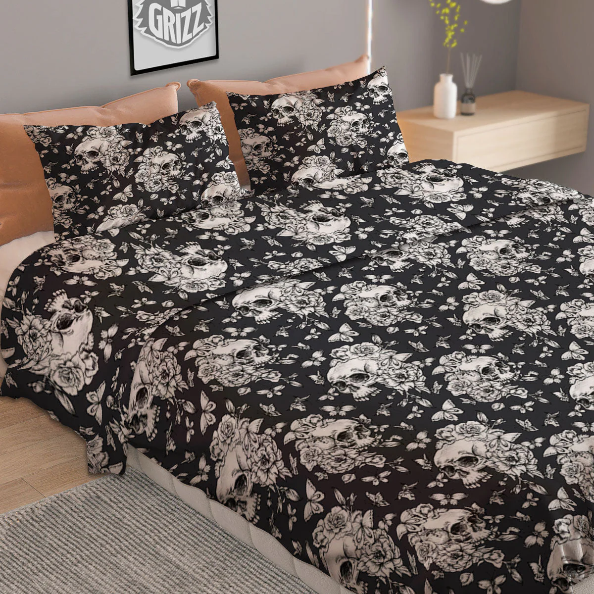 Flowers Skull Monochrome Print Pattern Duvet Cover Bedding Set - Image 2