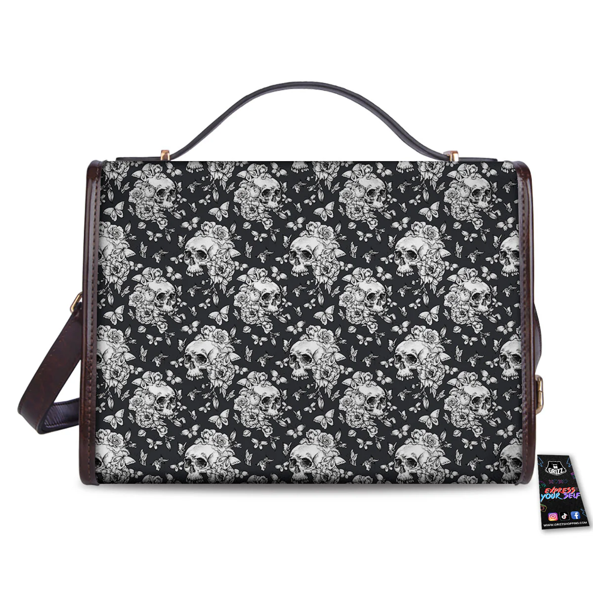 Flowers Skull Monochrome Print Pattern Women's Satchel Bag - Image 2