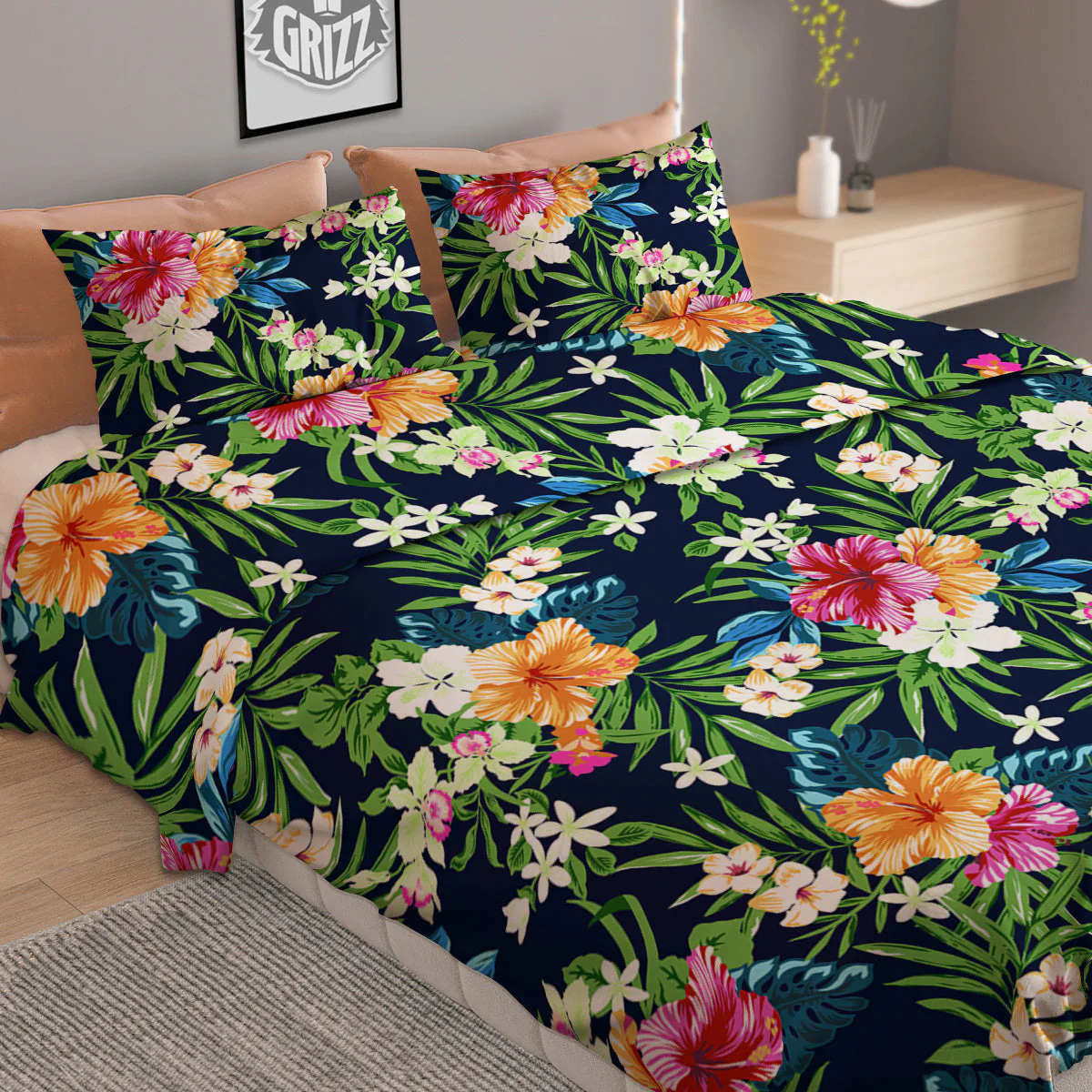 Flowers Tropical Print Pattern Duvet Cover Bedding Set - Image 2