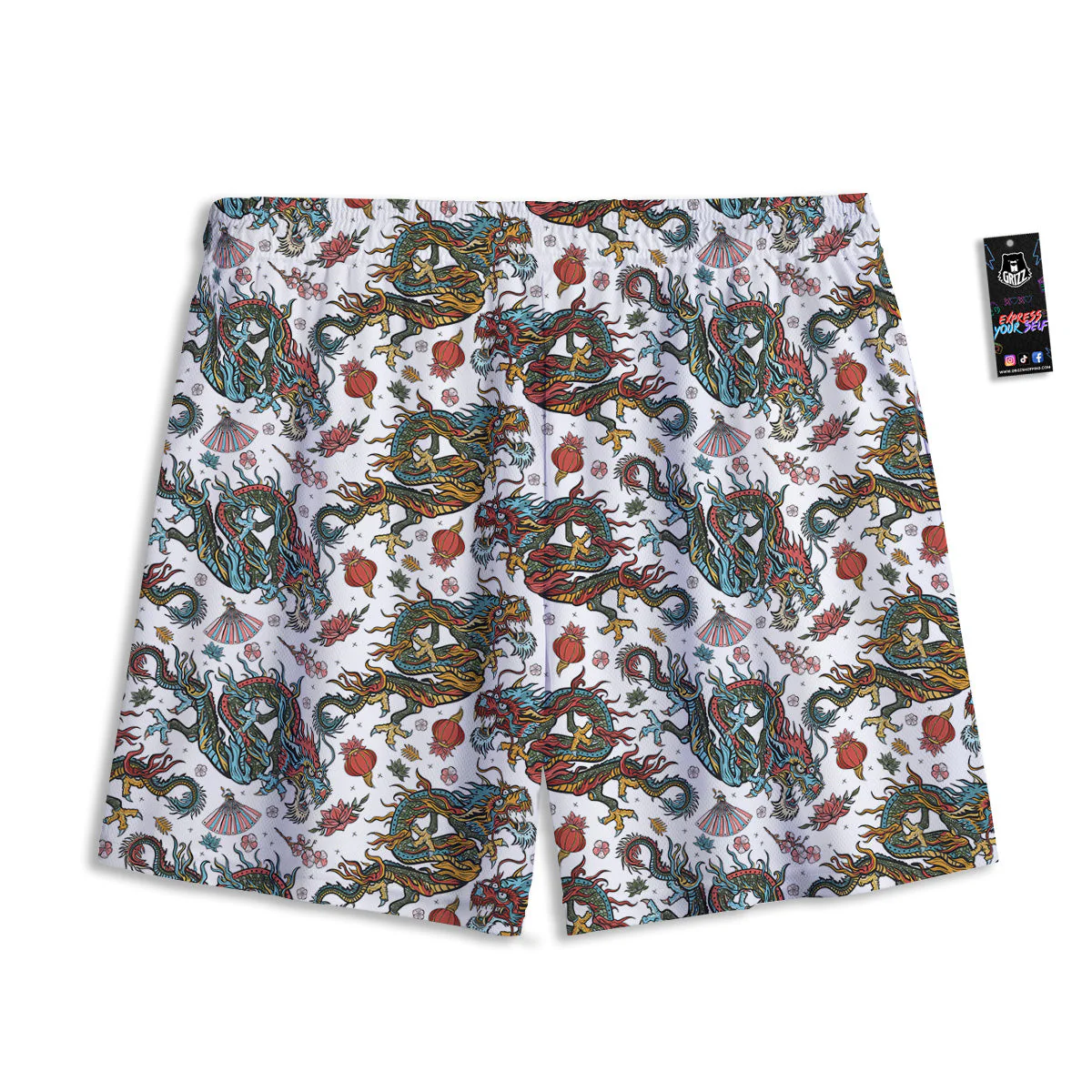 Flying Chinese Dragons Tattoo Print Pattern Mesh Shorts - Image 2