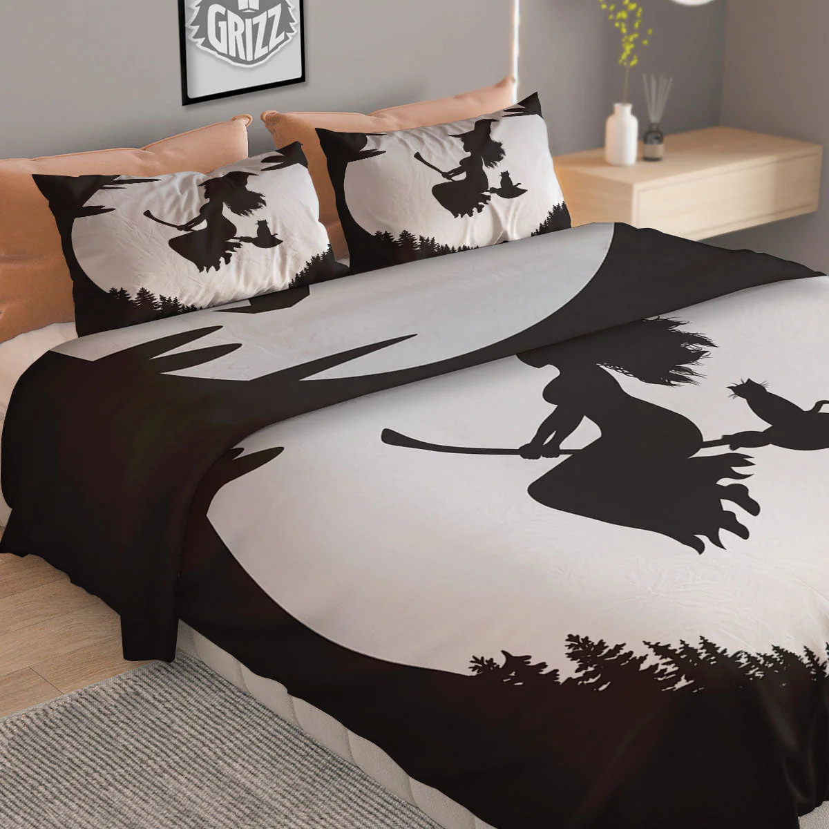Flying Witch Cat Halloween Print Duvet Cover Bedding Set - Image 2