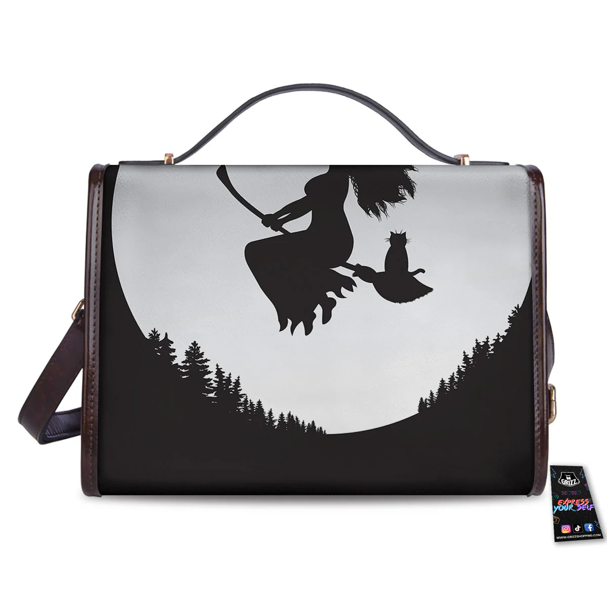 Flying Witch Cat Halloween Print Women's Satchel Bag - Image 2