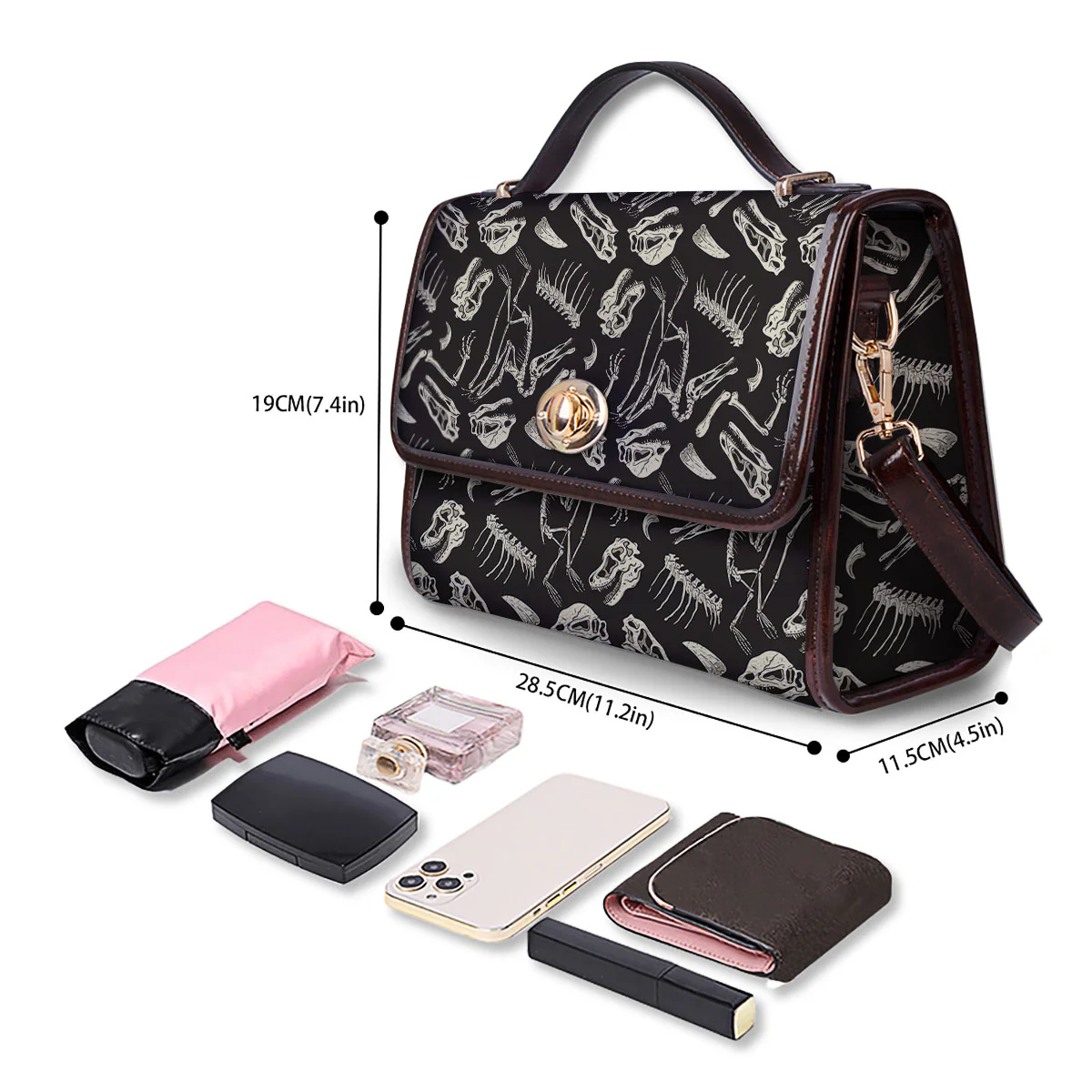 Fossil Dinosaur Monochrome Print Pattern Women's Satchel Bag - Image 4