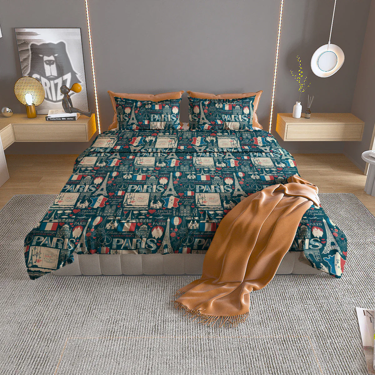 France And Paris Landmarks Vintage Print Pattern Duvet Cover Bedding Set