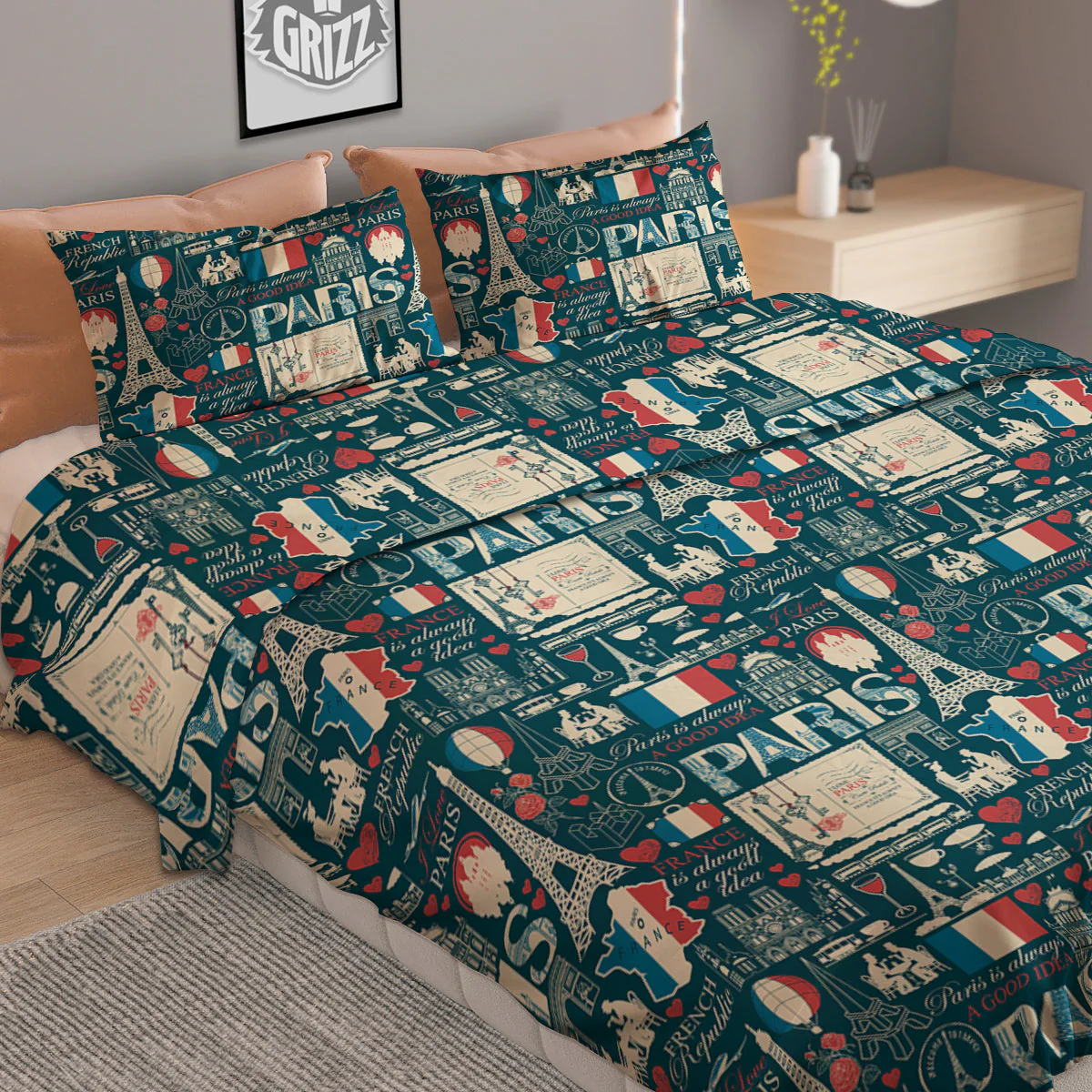 France And Paris Landmarks Vintage Print Pattern Duvet Cover Bedding Set - Image 2