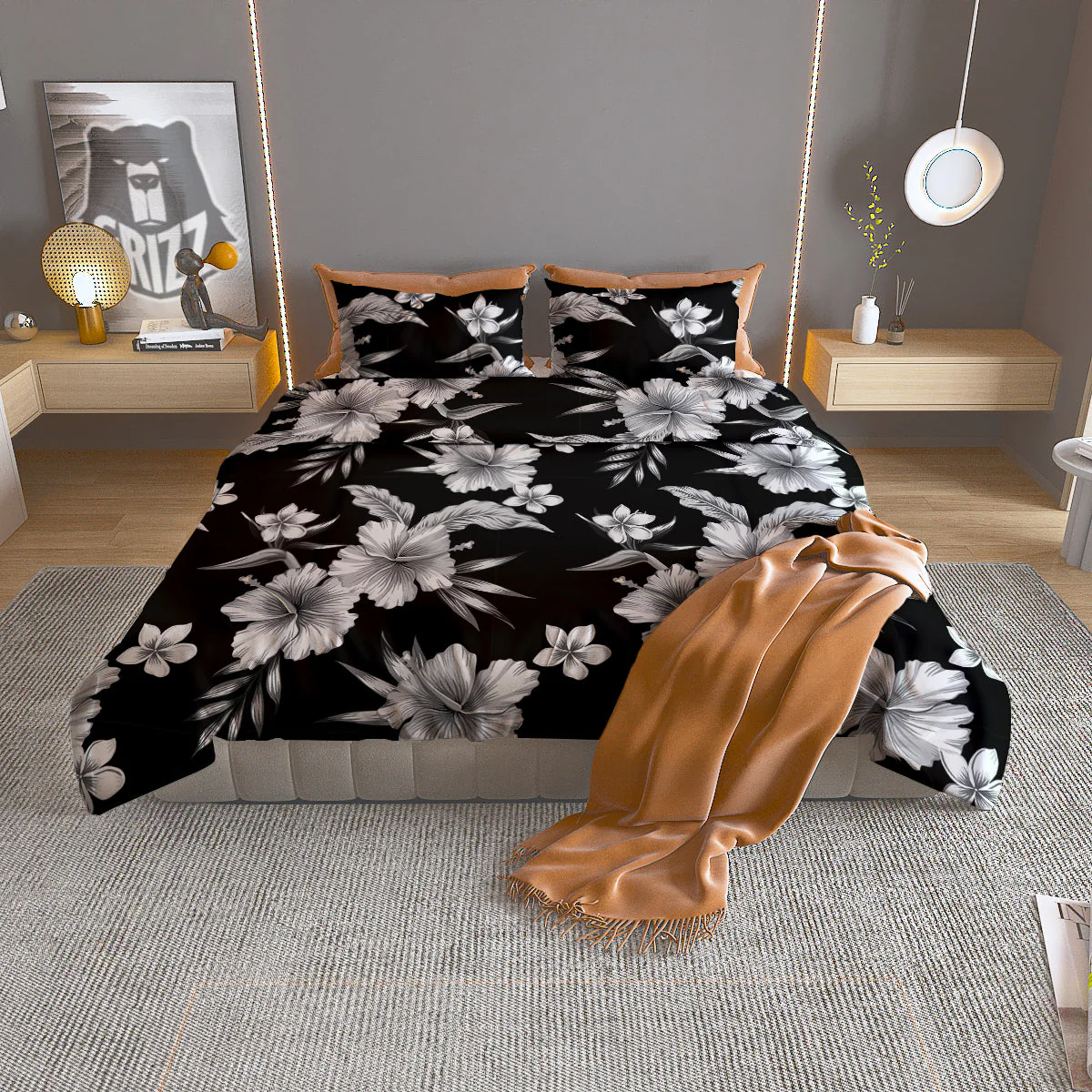 Frangipani White And Black Print Pattern Duvet Cover Bedding Set