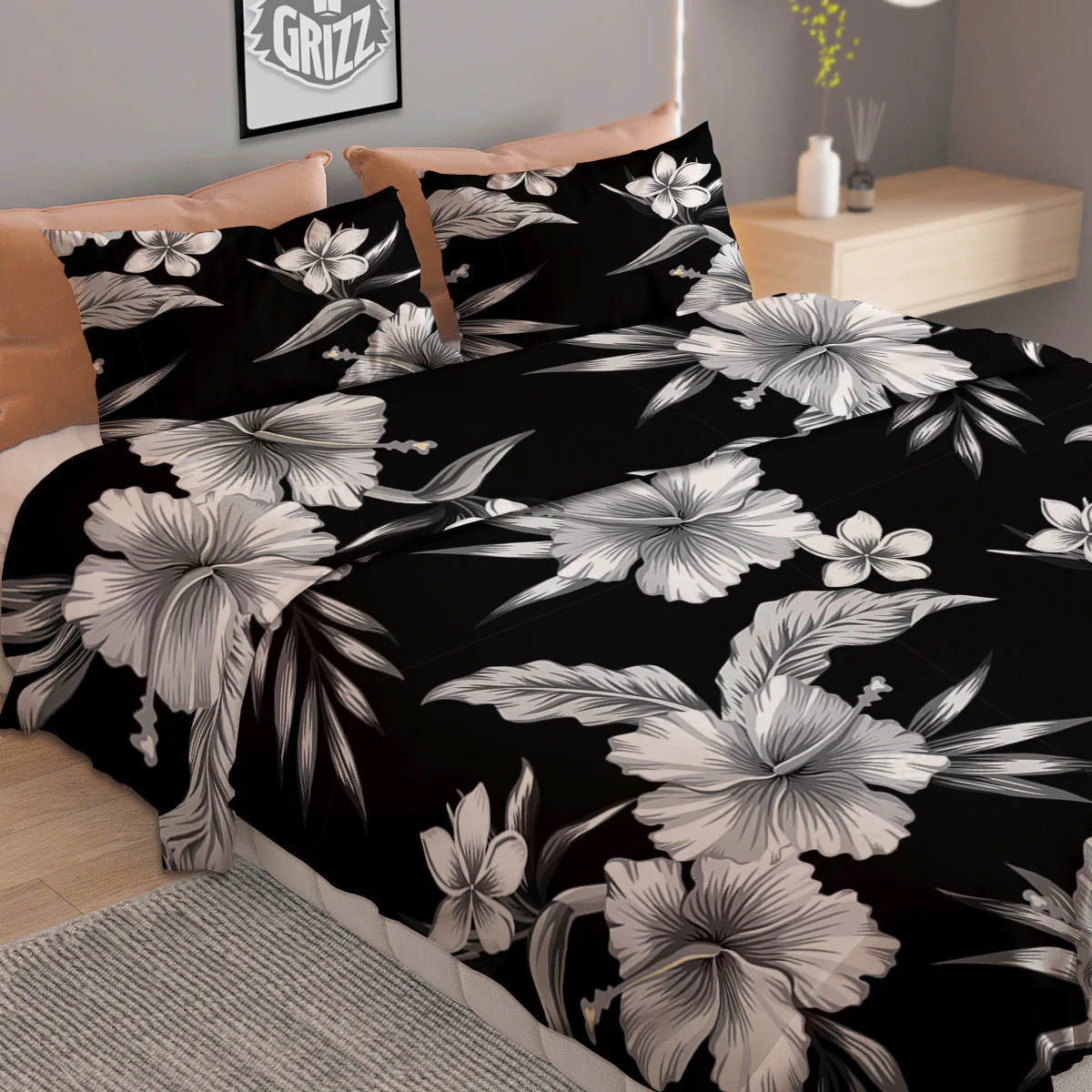 Frangipani White And Black Print Pattern Duvet Cover Bedding Set - Image 2