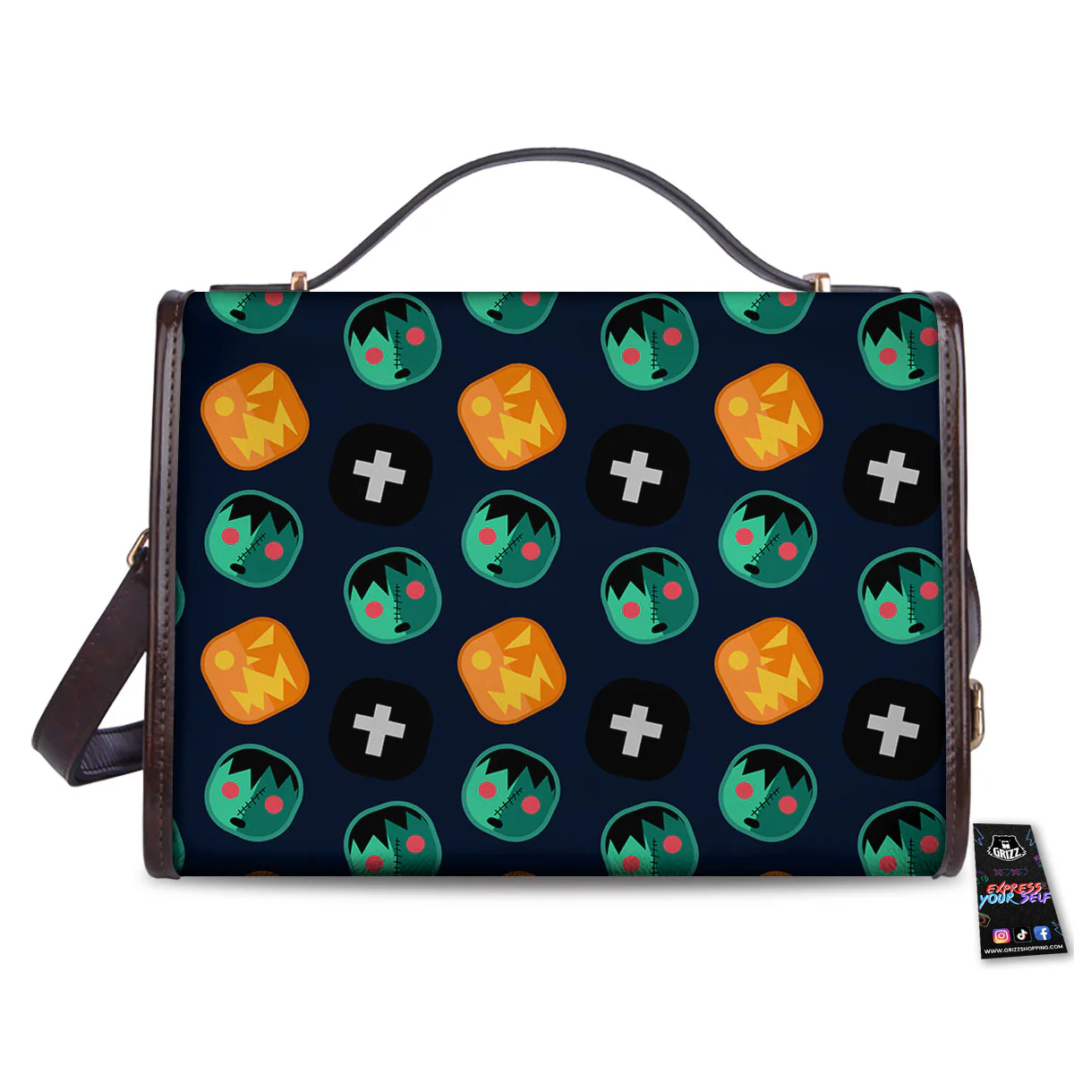Frankenstein Face Halloween Print Pattern Women's Satchel Bag - Image 2