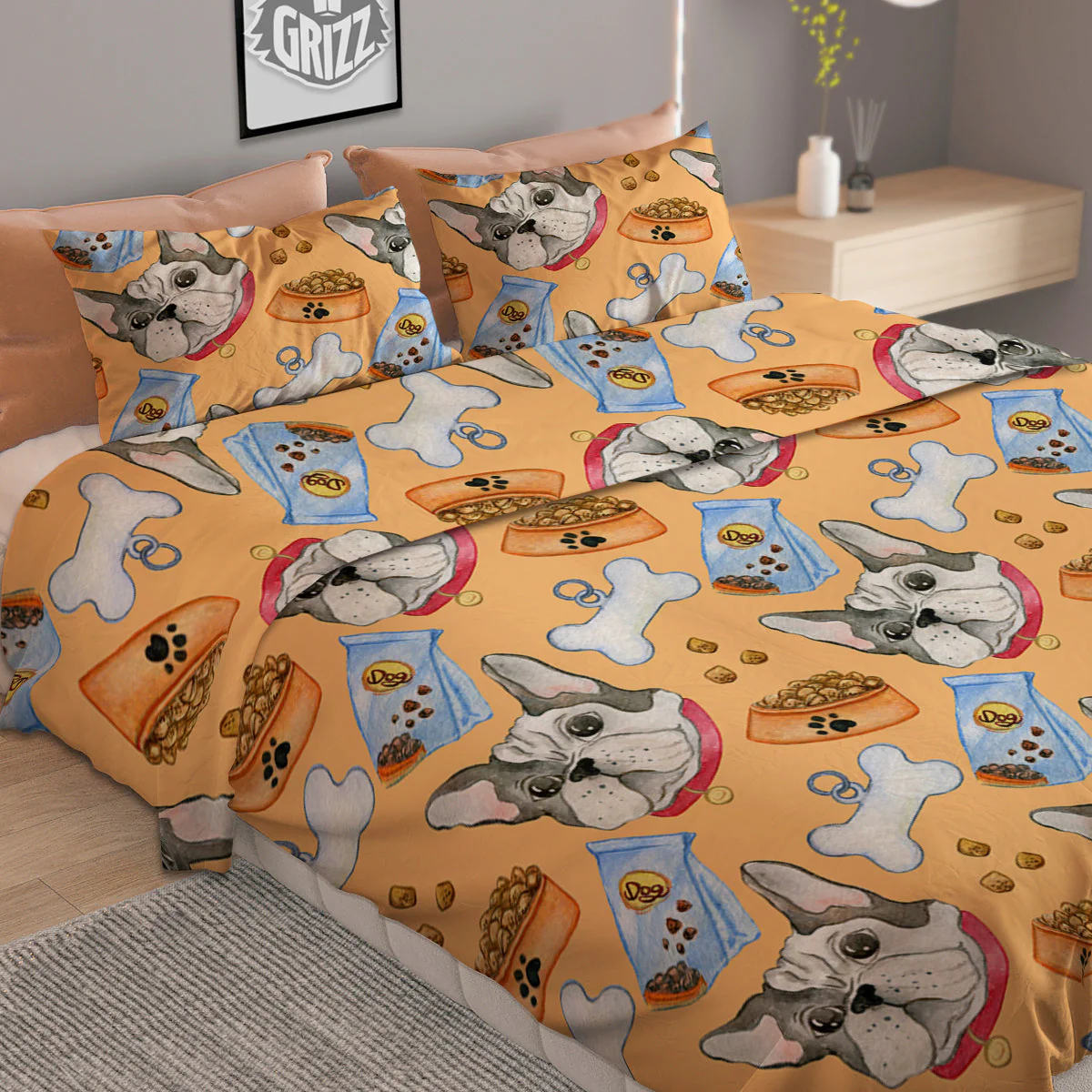 French Bulldog Watercolor Print Pattern Duvet Cover Bedding Set - Image 2