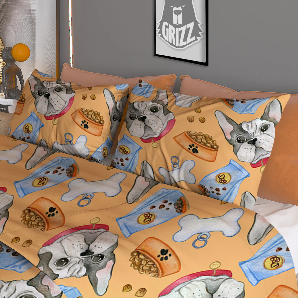 French Bulldog Watercolor Print Pattern Duvet Cover Bedding Set - Image 3