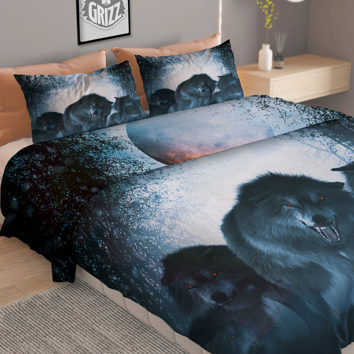Full Moon And Wolf In The Forest Print Duvet Cover Bedding Set - Image 2