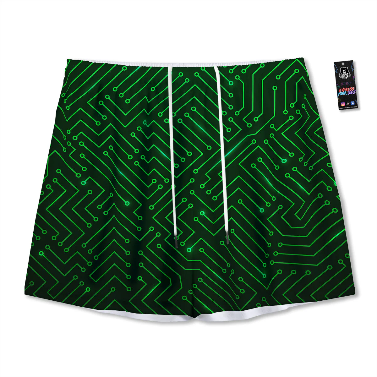 Futuristic Green Circuit Board Print Mesh Shorts