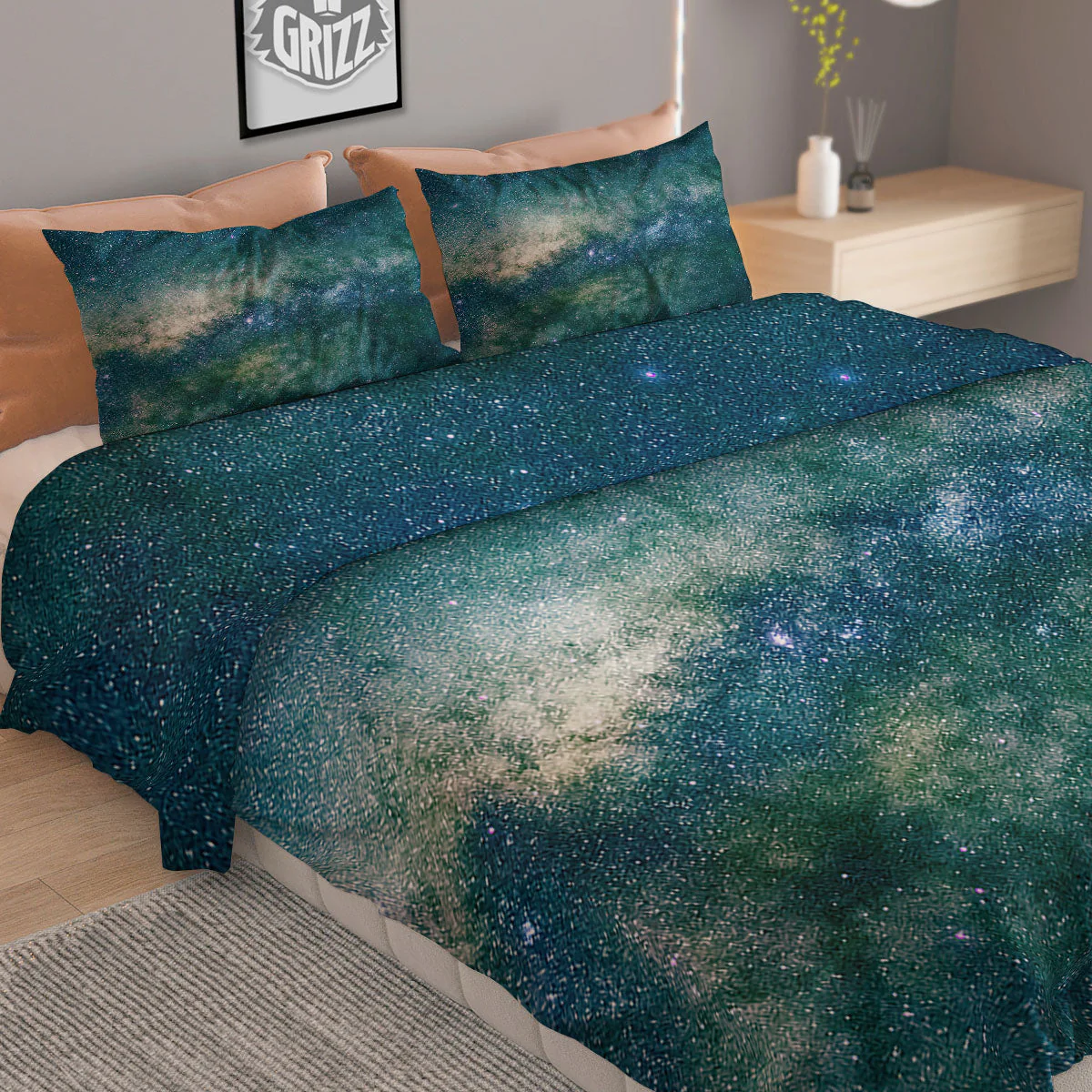 Galaxy Space Dark Teal Print Duvet Cover Bedding Set - Image 2
