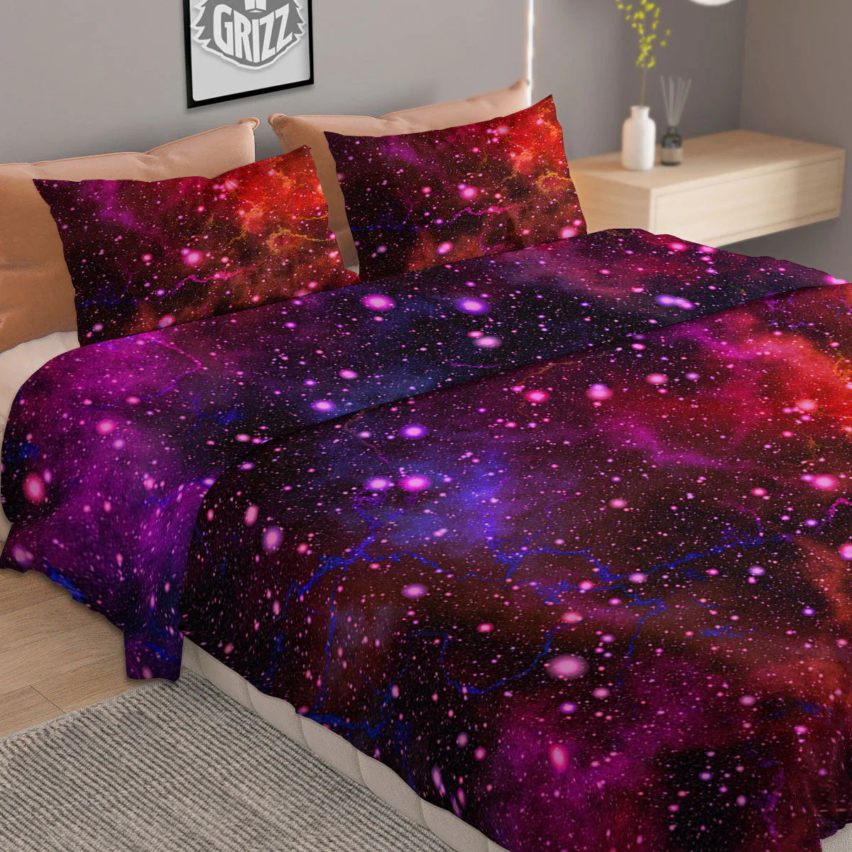 Galaxy Space Red Purple Nebula Print Duvet Cover Bedding Set - Image 2