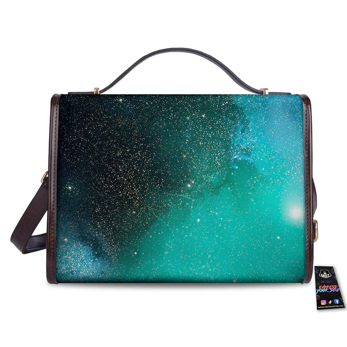 Galaxy Space Teal Stardust Print Women's Satchel Bag - Image 2