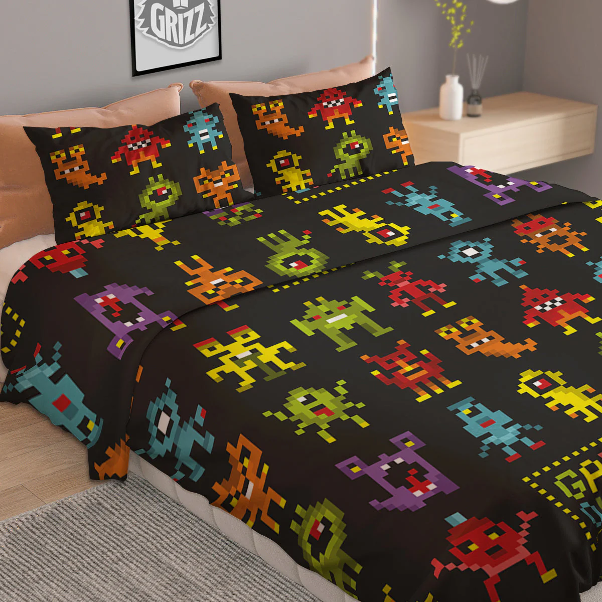 Game Monsters 8-Bit Video Print Pattern Duvet Cover Bedding Set - Image 2