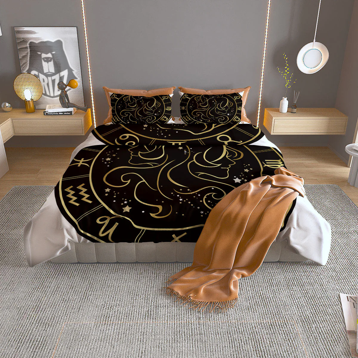 Gemini Sign Black And Gold Print Duvet Cover Bedding Set