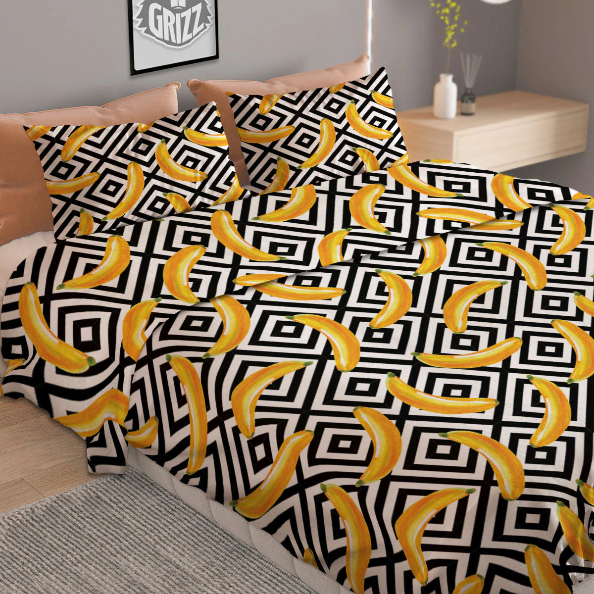 Geometric Banana White And Black Print Duvet Cover Bedding Set - Image 2