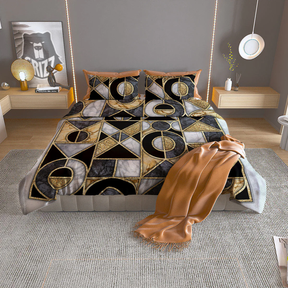 Geometric Black Gold Marble Print Duvet Cover Bedding Set