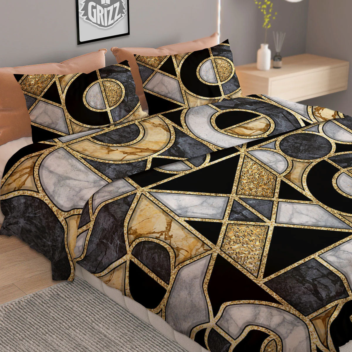Geometric Black Gold Marble Print Duvet Cover Bedding Set - Image 2
