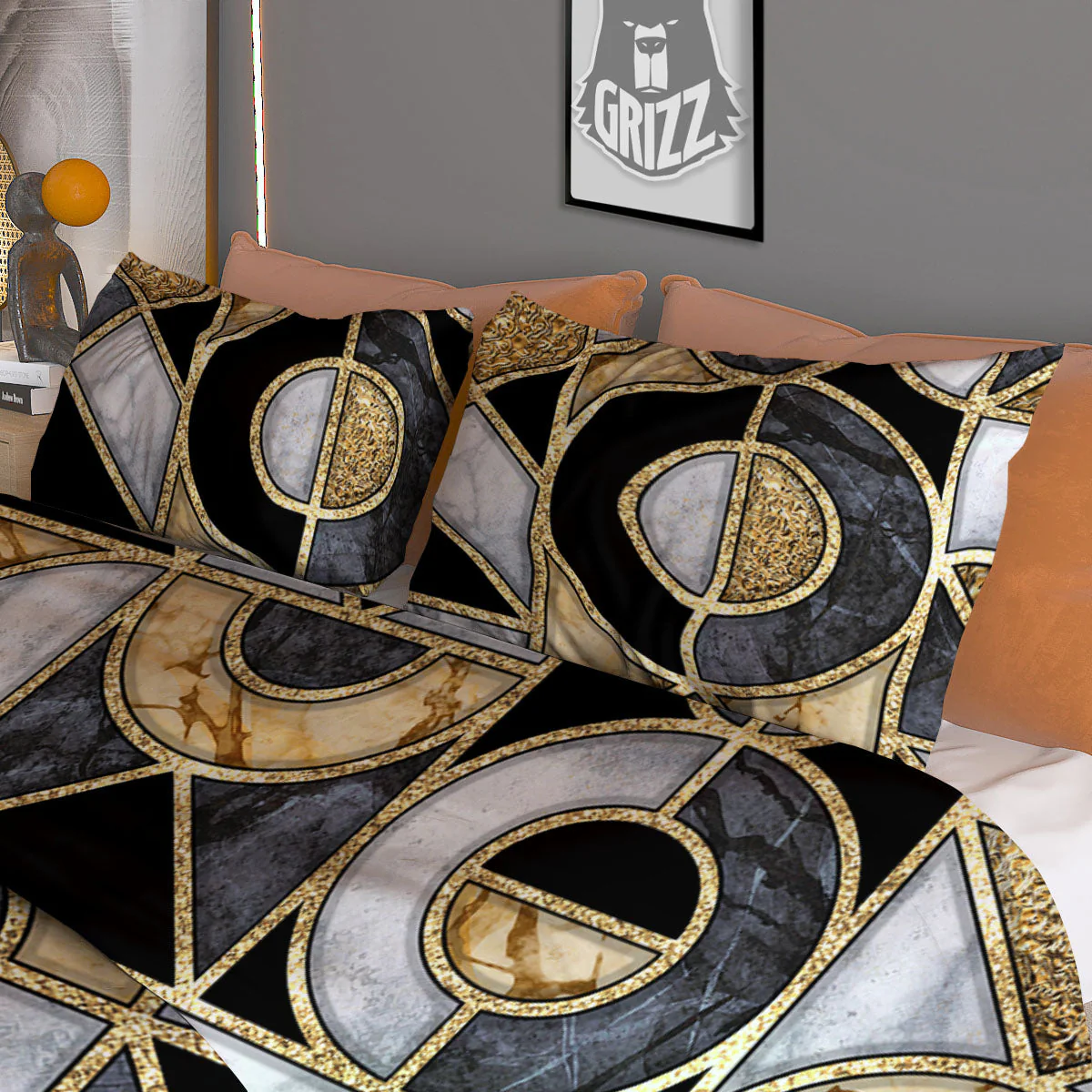 Geometric Black Gold Marble Print Duvet Cover Bedding Set - Image 3