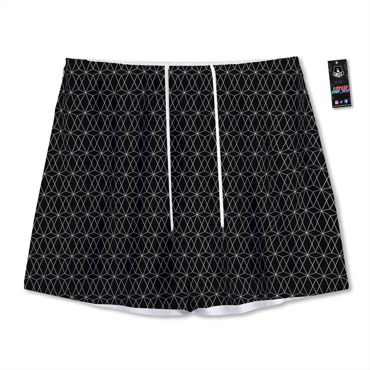 Geometric Black Polygonal Print Mesh Shorts