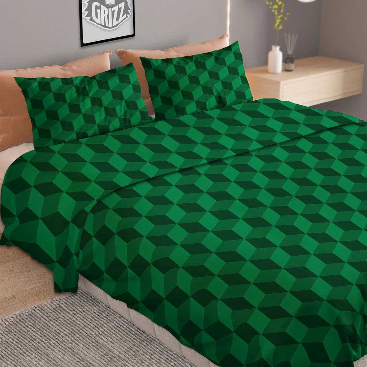 Geometric Cube Dark Green Print Pattern Duvet Cover Bedding Set - Image 2