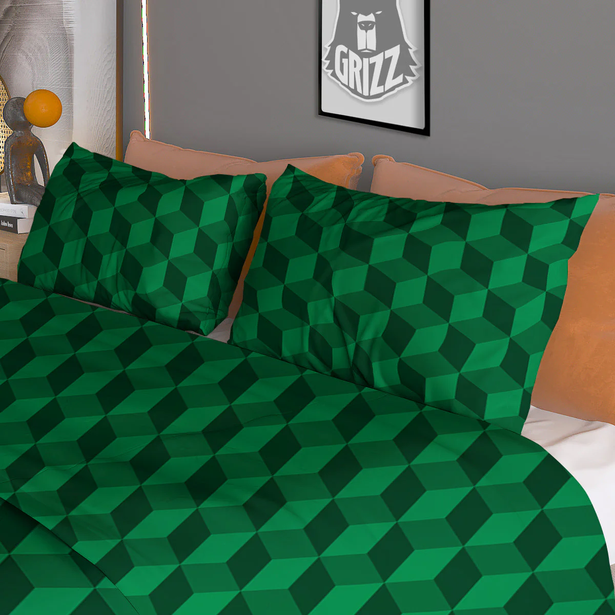 Geometric Cube Dark Green Print Pattern Duvet Cover Bedding Set - Image 3