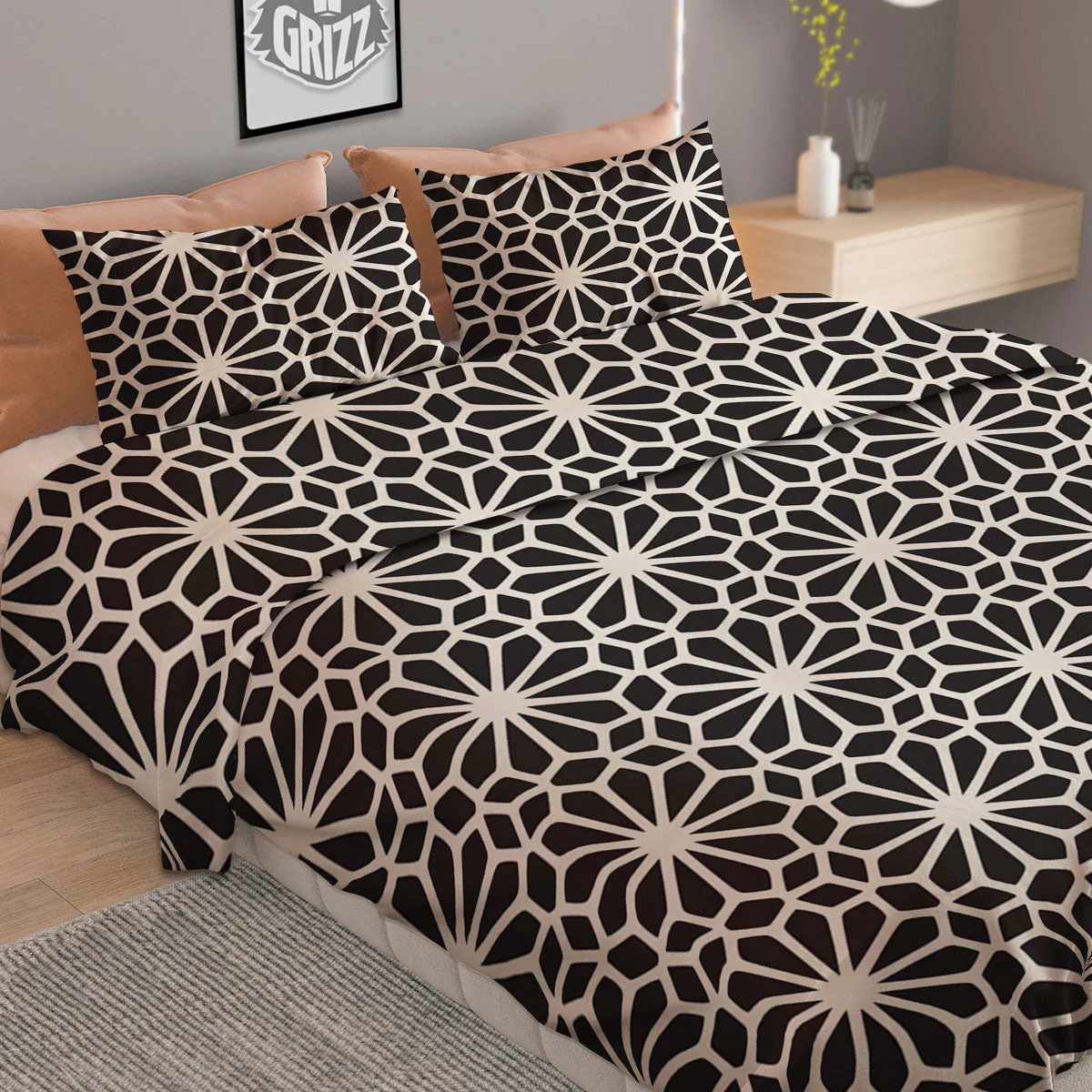 Geometric Floral White And Black Print Duvet Cover Bedding Set - Image 2