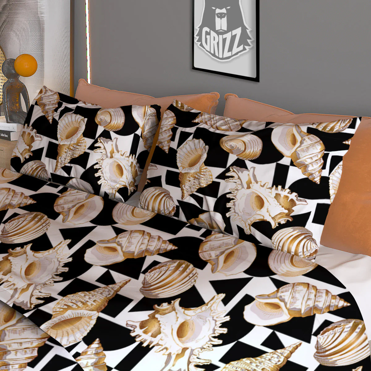 Geometric Gold Sea Shell Print Pattern Duvet Cover Bedding Set - Image 3