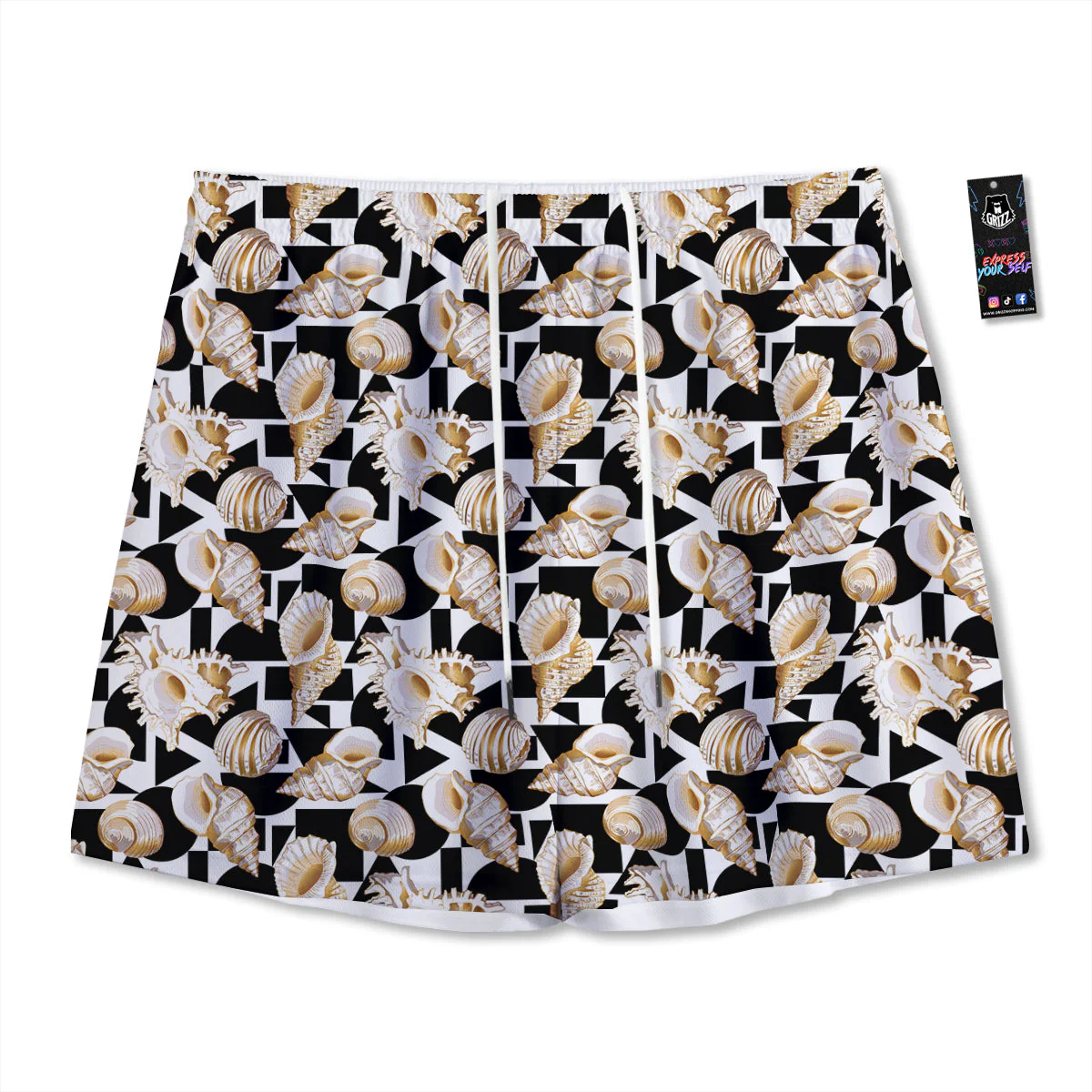 Geometric Gold Sea Shell Print Pattern Mesh Shorts