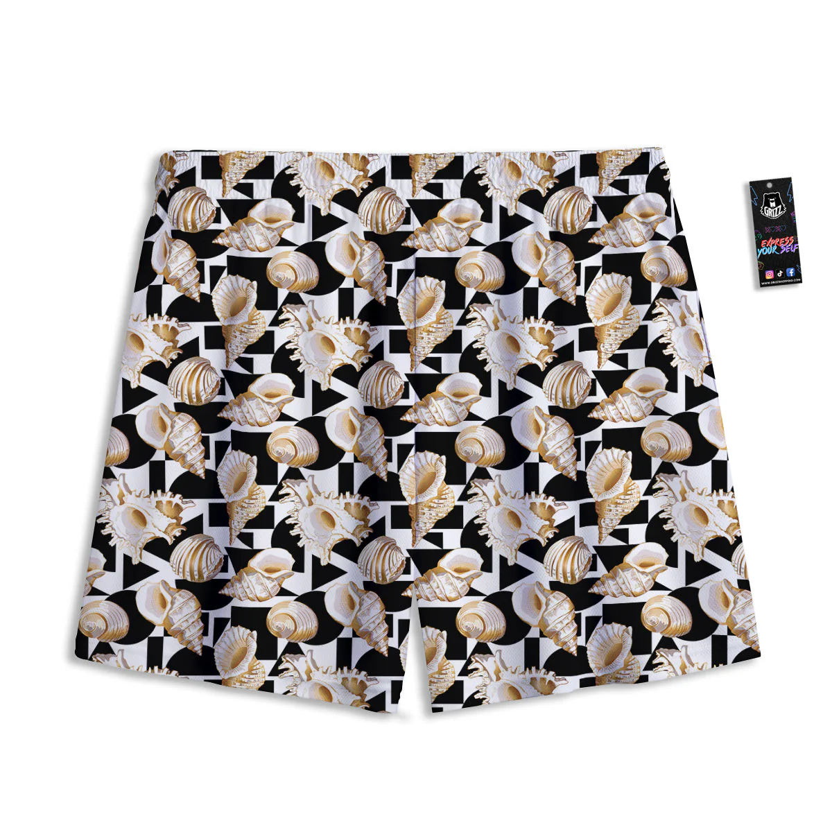 Geometric Gold Sea Shell Print Pattern Mesh Shorts - Image 2