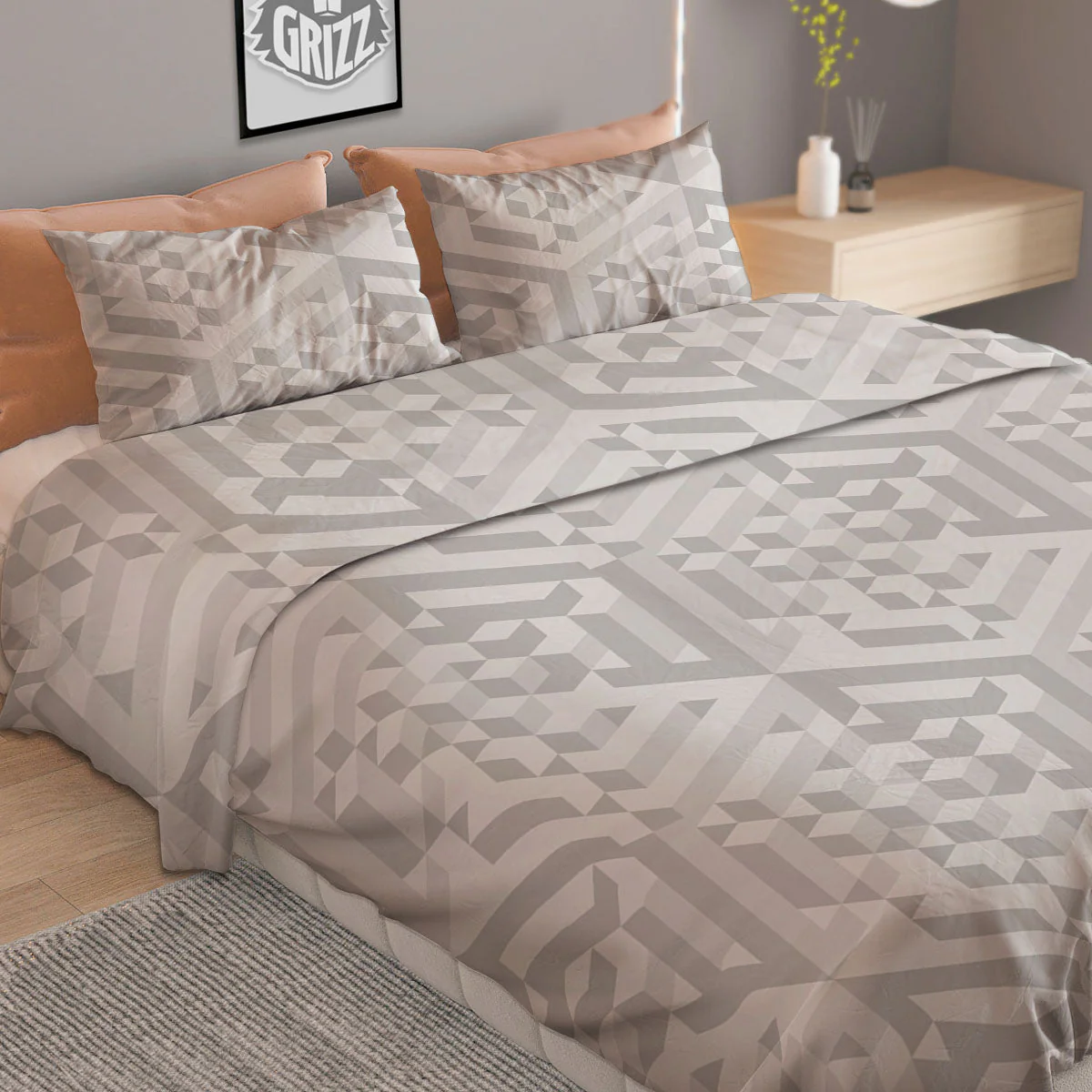 Geometric Grey Polygonal Print Duvet Cover Bedding Set - Image 2