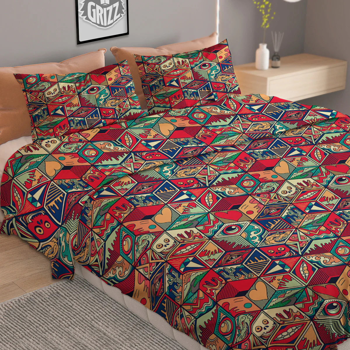 Geometric Hexagon Vintage Print Pattern Duvet Cover Bedding Set - Image 2