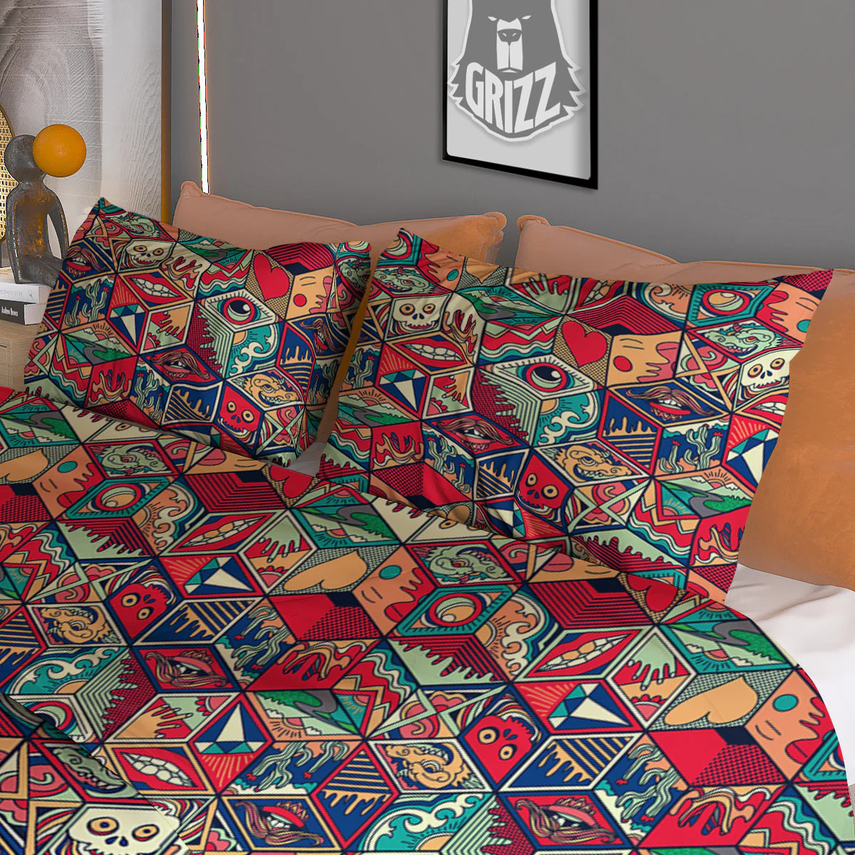 Geometric Hexagon Vintage Print Pattern Duvet Cover Bedding Set - Image 3