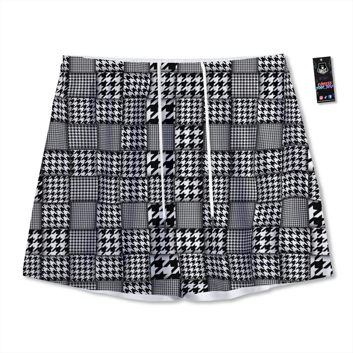 Geometric Patchwork Houndstooth Print Pattern Mesh Shorts
