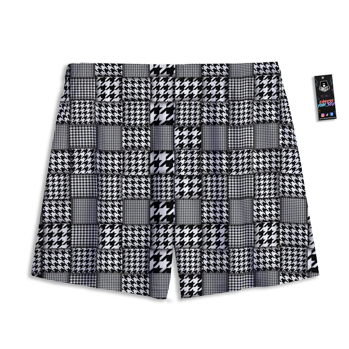 Geometric Patchwork Houndstooth Print Pattern Mesh Shorts - Image 2