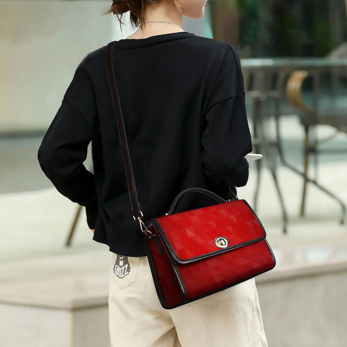 Geometric Red Polygonal Print Women's Satchel Bag - Image 3