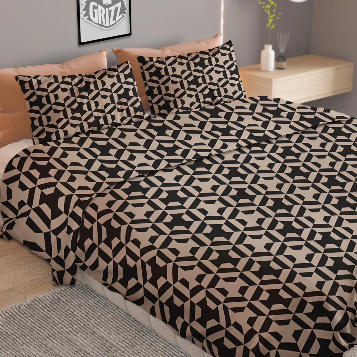 Geometric Triangle Beige And Black Print Duvet Cover Bedding Set - Image 2