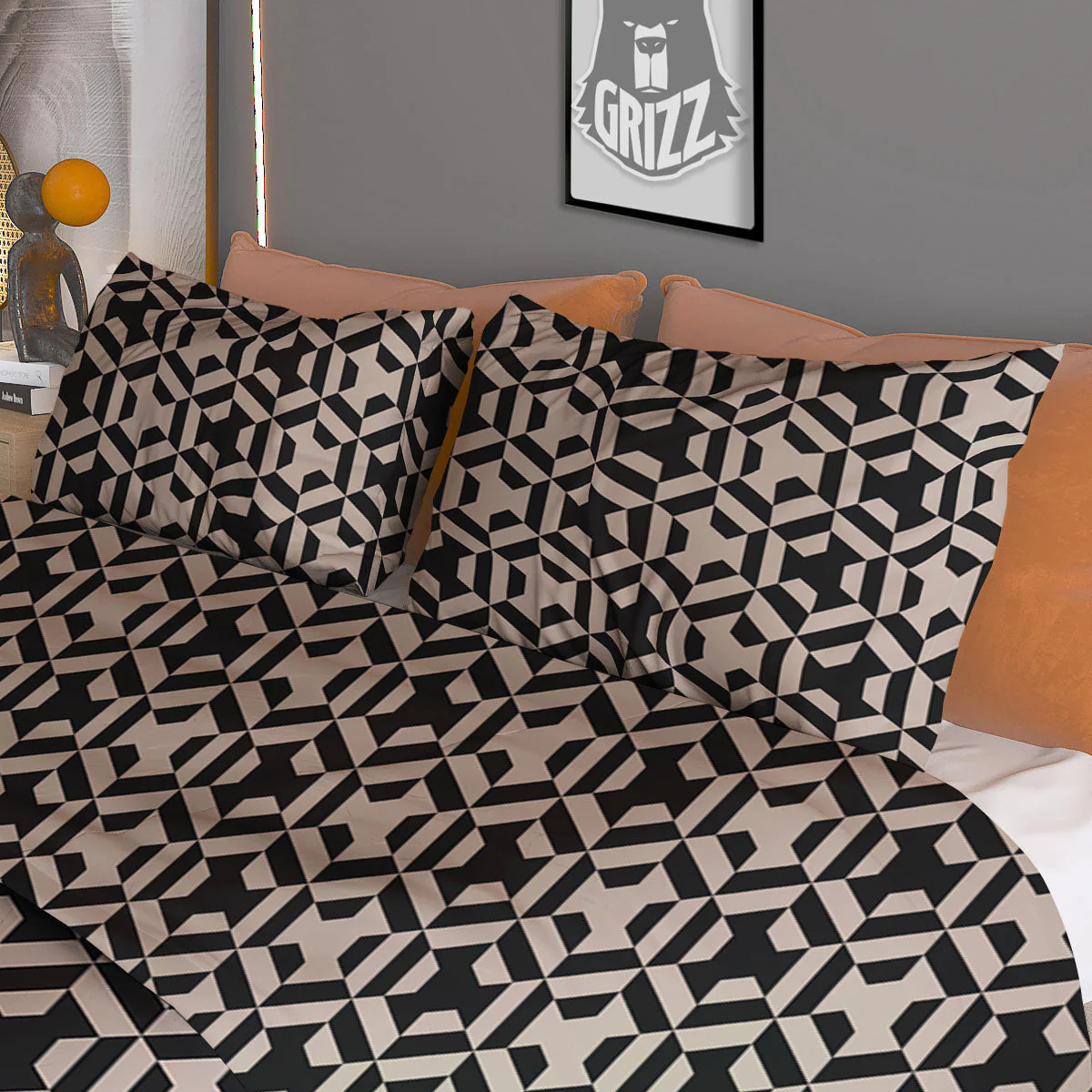 Geometric Triangle Beige And Black Print Duvet Cover Bedding Set - Image 3