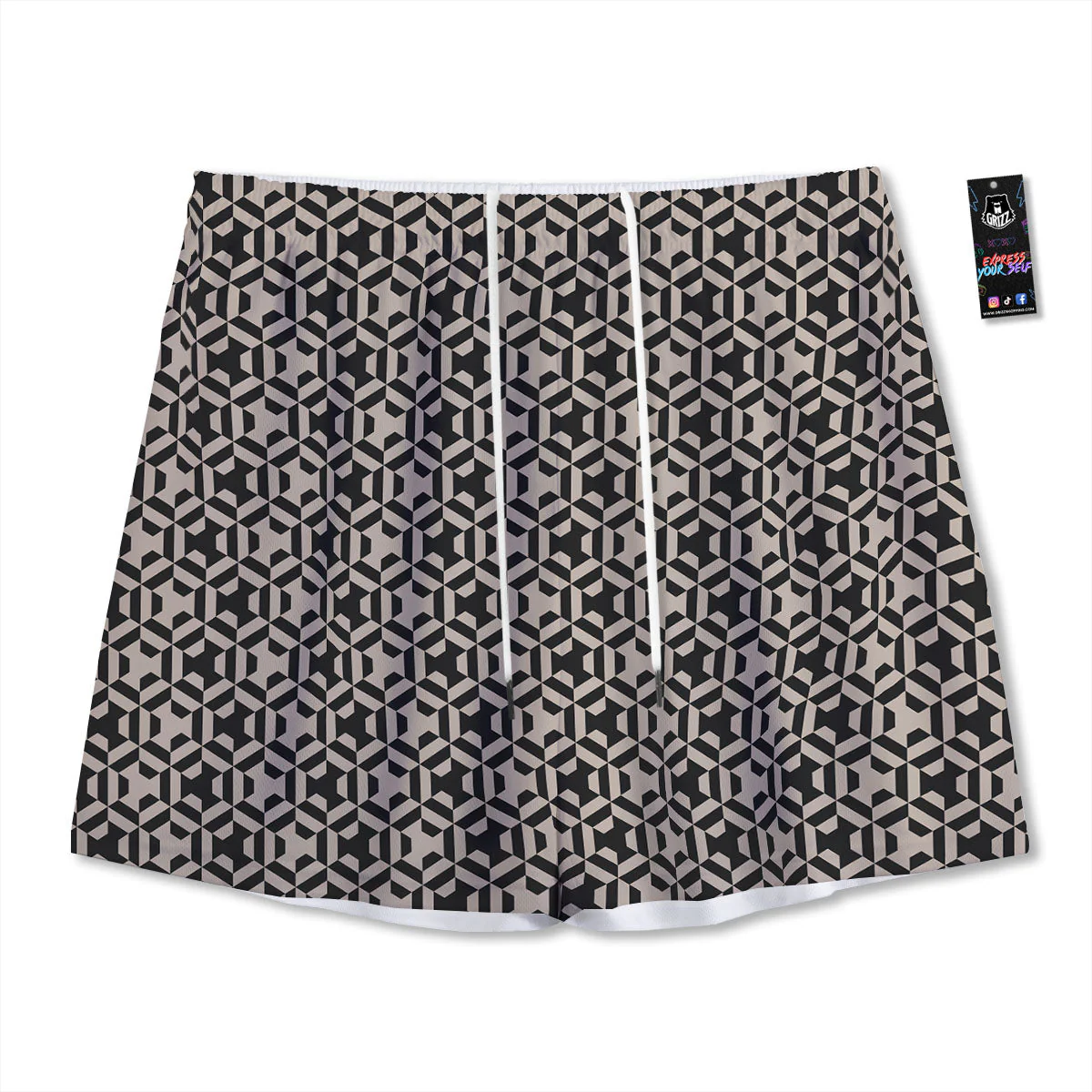 Geometric Triangle Beige And Black Print Mesh Shorts