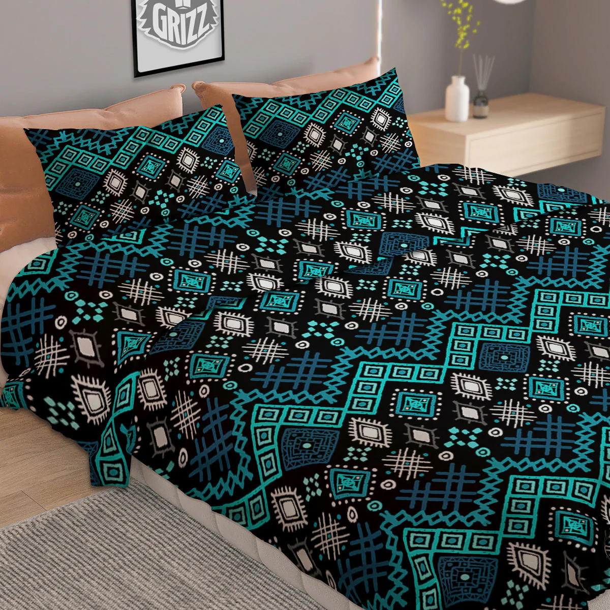 Geometric Turquoise Aztec Print Pattern Duvet Cover Bedding Set - Image 2
